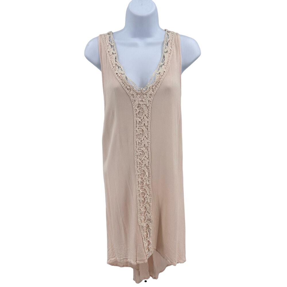 ASTR Pink Tan Boho Hi-Low Lace Trim Shift Dress WMNS Small Sleeveless Mini Vneck